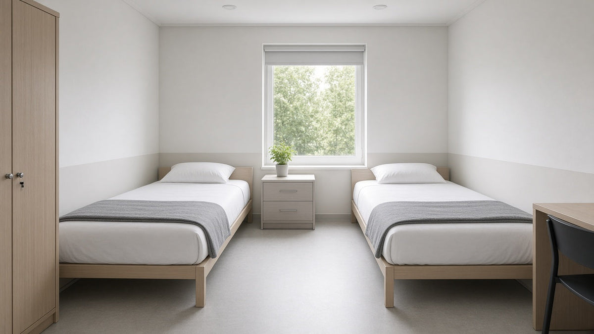 Two made dorm beds with white sheets, pillows and gray blankets in a bright dorm room