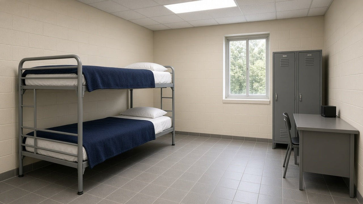 Military unaccompanied housing barracks room with a metal bunk bed, navy blankets, lockers and a desk