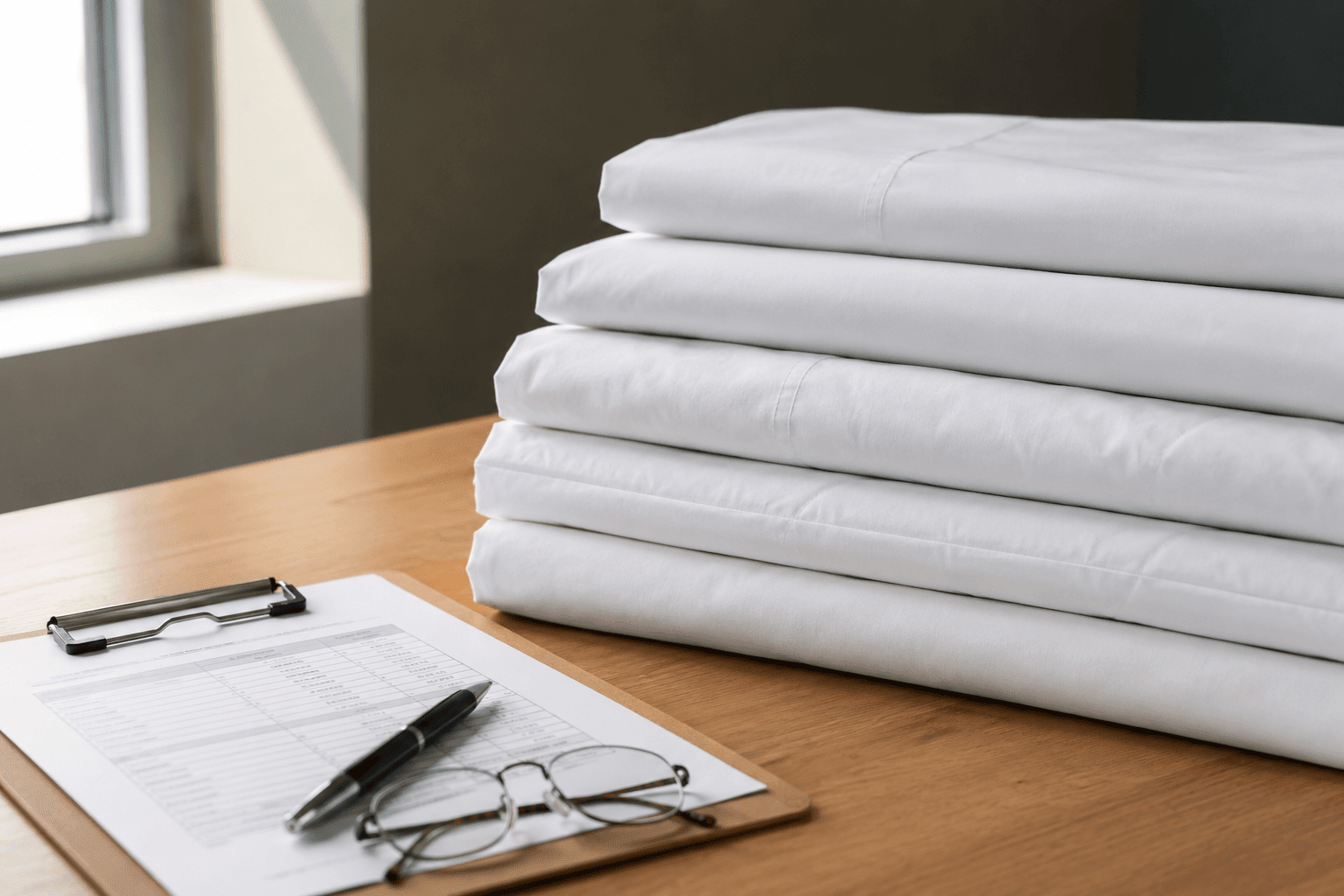 Folded institutional bed linens beside procurement paperwork on a desk