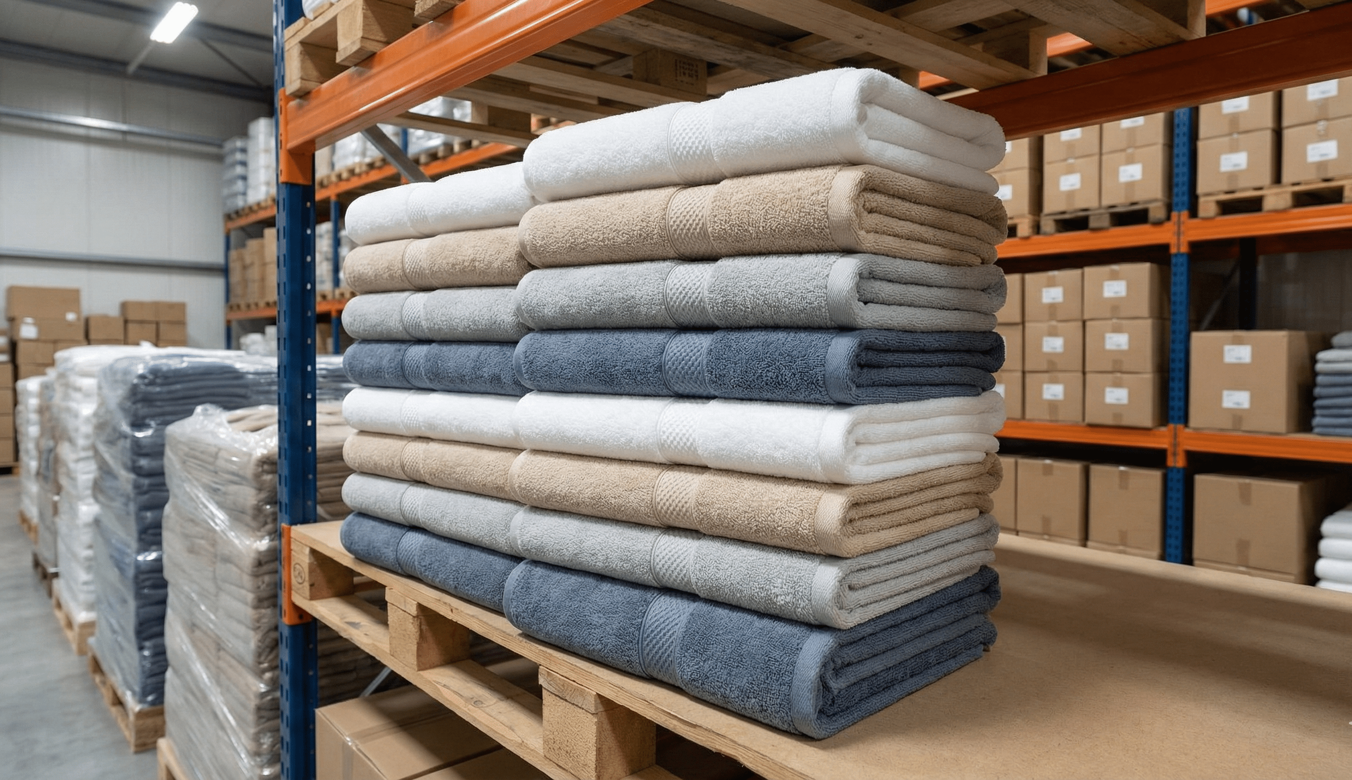 Large inventory of stacked cotton hotel towels in beige, white, and blue on warehouse shelving, showcasing dye-lot consistency and immediate stock availability for bulk orders.
