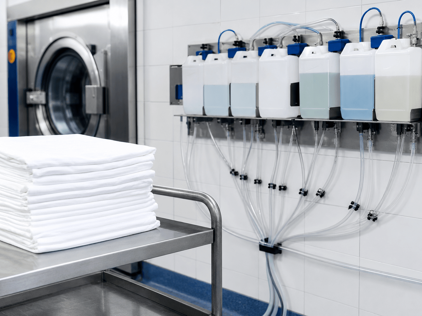 Commercial laundry chemical dosing system beside stacked white sheets