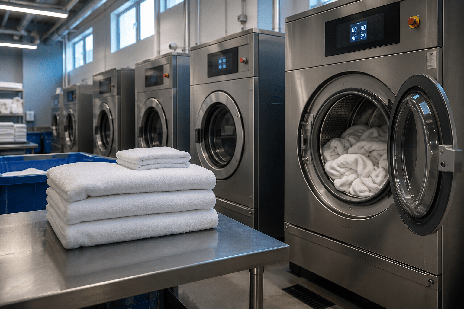 Commercial hotel laundry with industrial washers and folded white towels