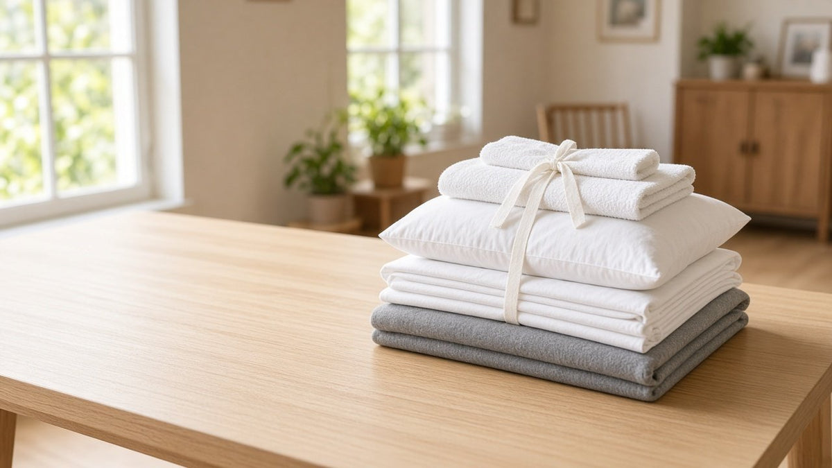 Folded white sheets and pillowcases stacked on a clean table for nursing home bedding