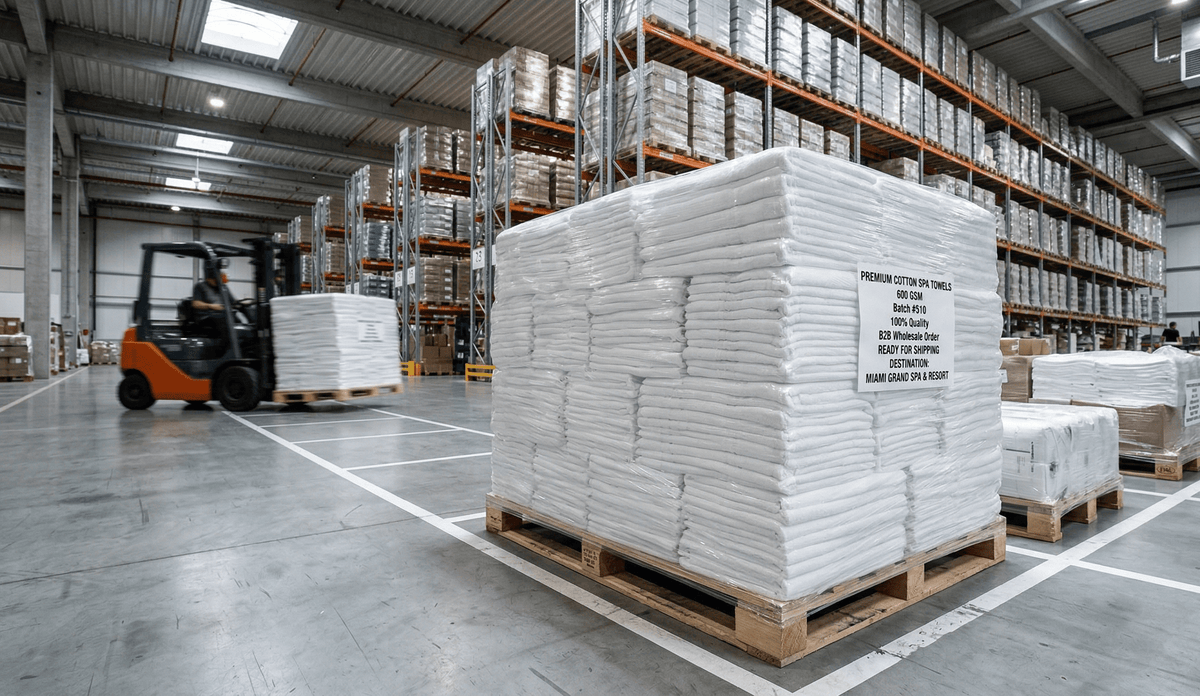 Wide-angle warehouse photograph of a large wooden pallet shrink-wrapped with bulk white spa towels, showcasing massive B2B wholesale inventory capacity for wellness centers