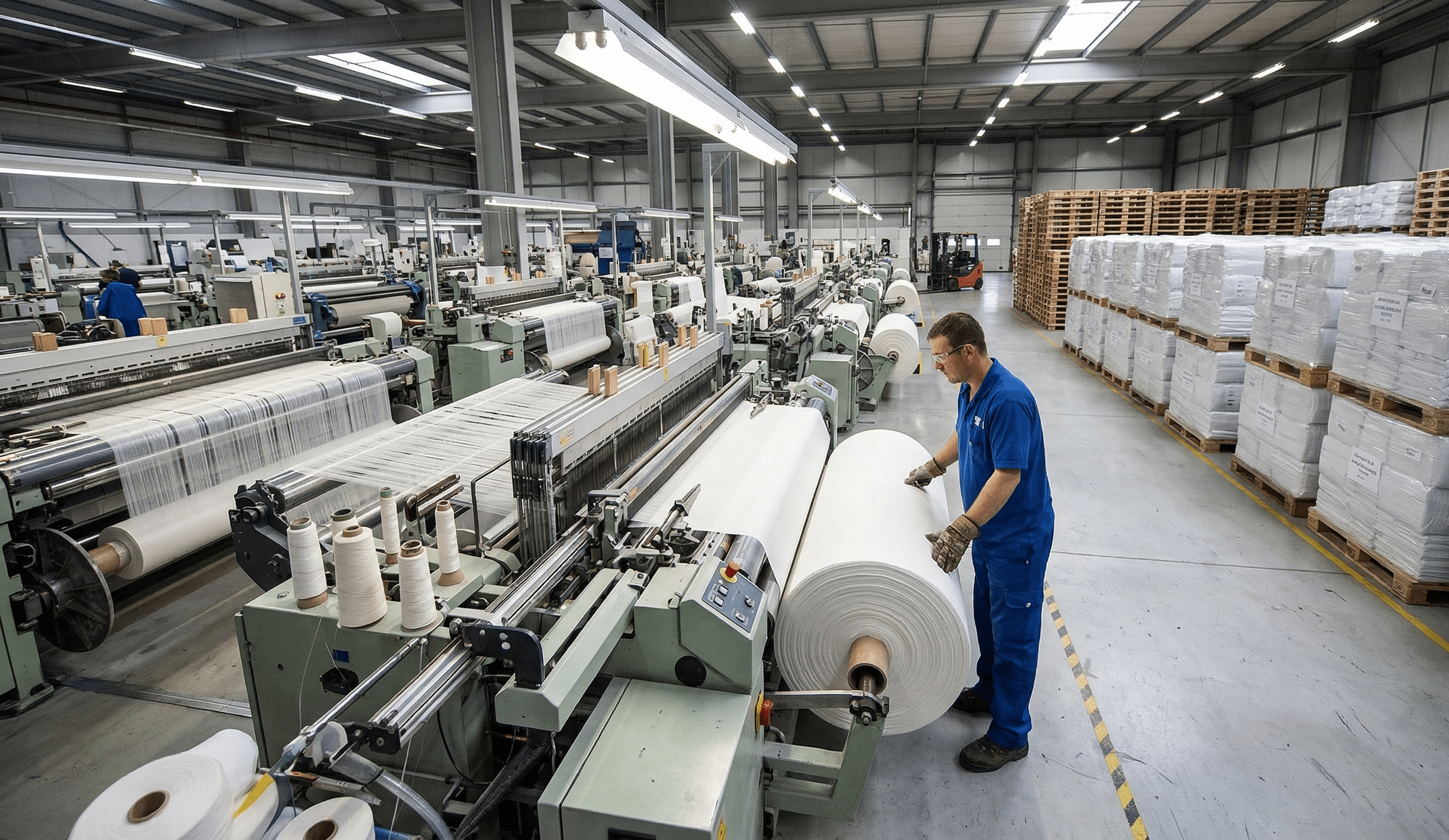 High-speed automated weaving looms producing durable white hotel sheet fabric in a manufacturing facility, highlighting high-volume wholesale capacity for hospitality supply.