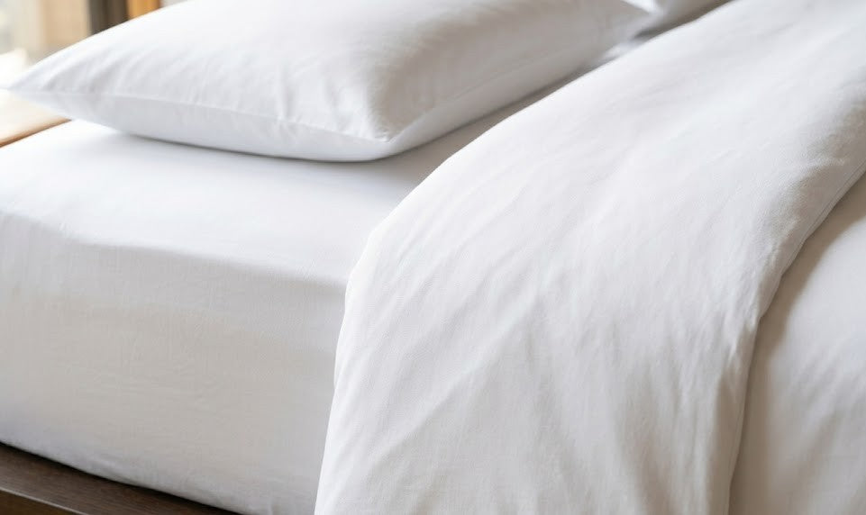 Close-up of pristine white percale hotel sheets and a fluffy duvet, highlighting the crisp, matte texture and clean lines of minimalist ryotei bedding.