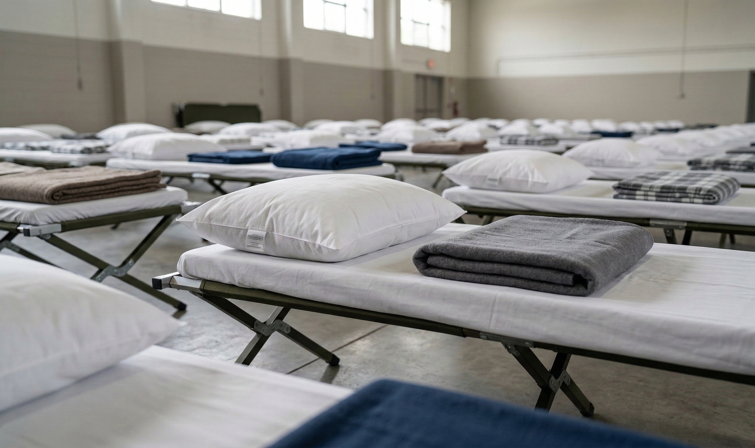Multiple emergency cots neatly aligned inside a shelter facility, each equipped with a white institutional pillow and a folded blanket, illustrating the practical use of economy bedding in relief operations.