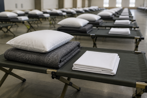 Folded grey blankets, pillows, and sheet sets on shelter cots
