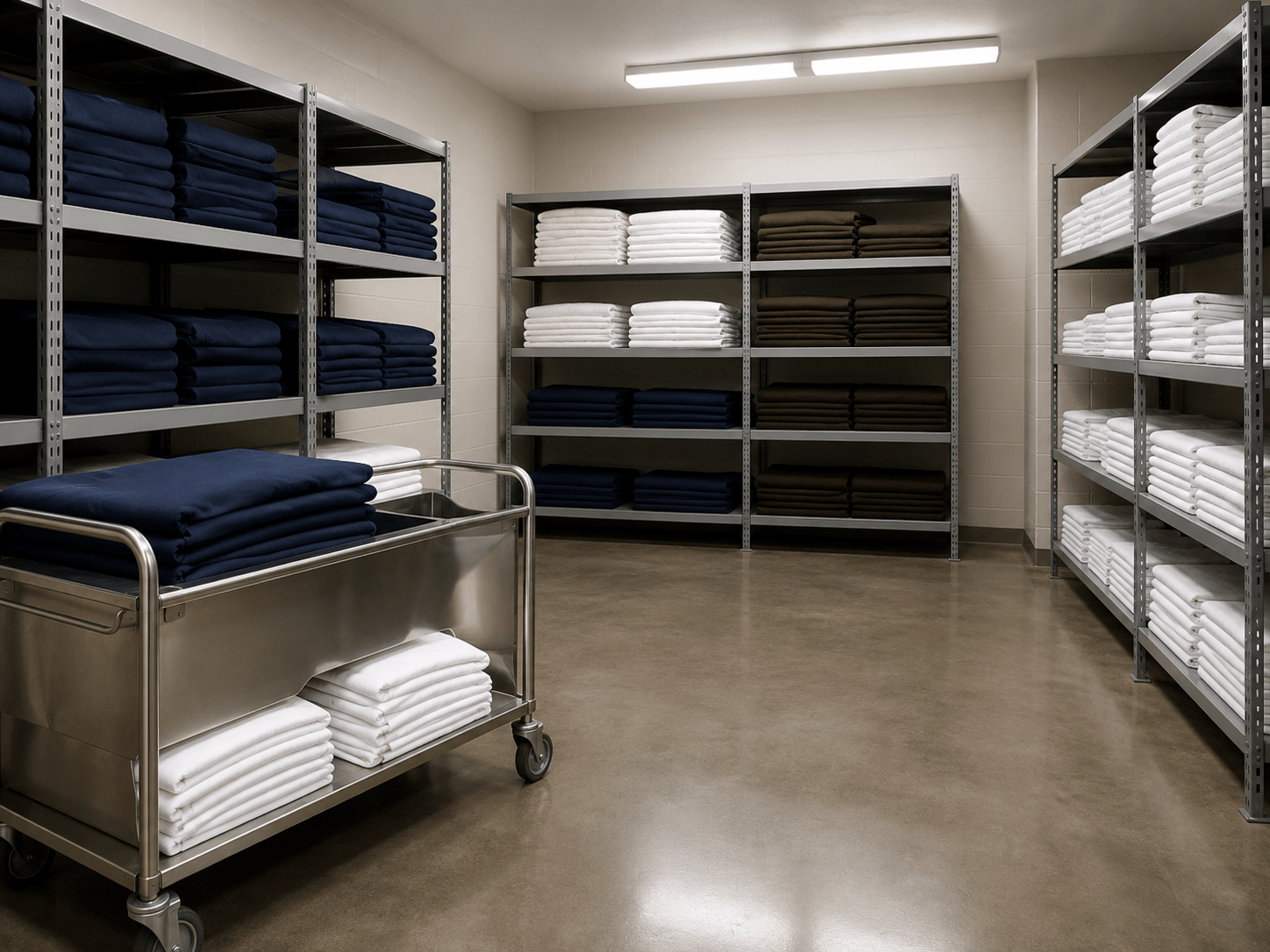Institutional linen supply room with folded bedding on steel shelving