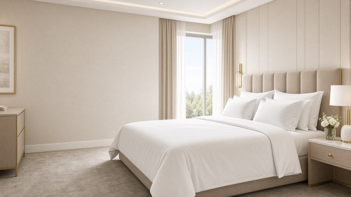 Freshly made hotel bed with crisp white sheets and pillows in a bright guest room, ready for holiday check-ins