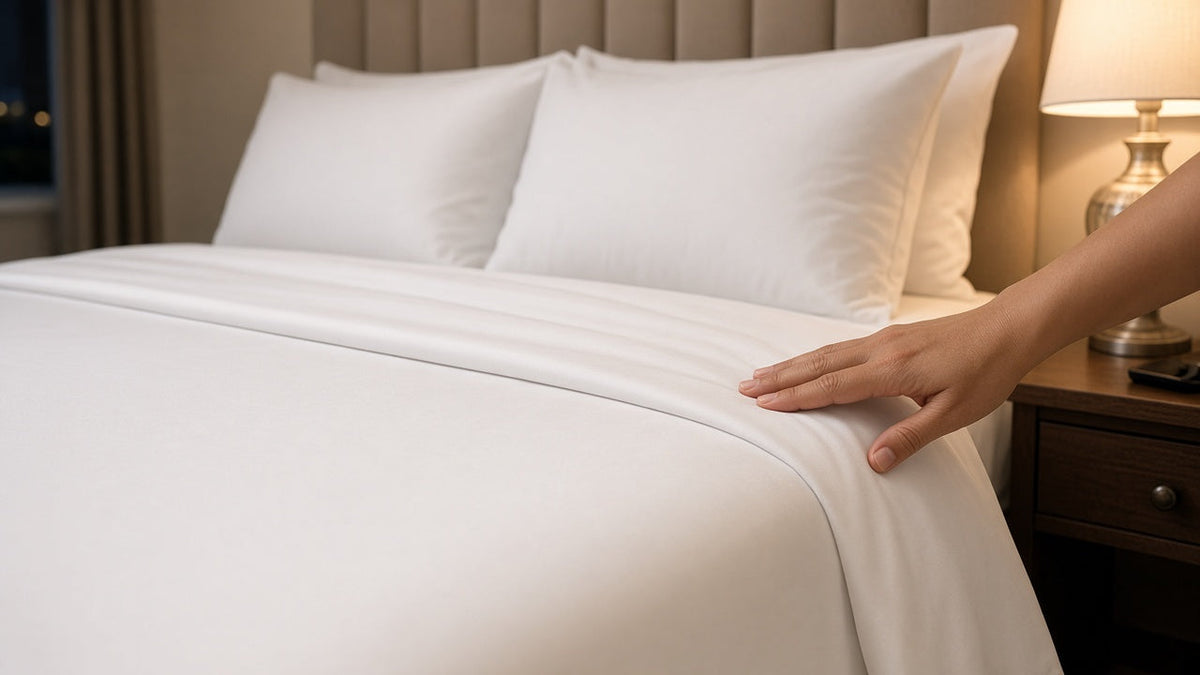 Hand smoothing a crisp white hotel sheet on a made bed with white pillows