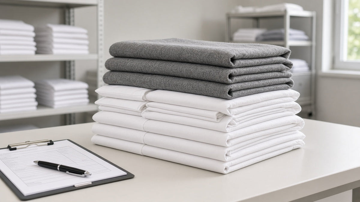 Folded gray blankets stacked on white sheets on a warehouse table next to a clipboard order sheet