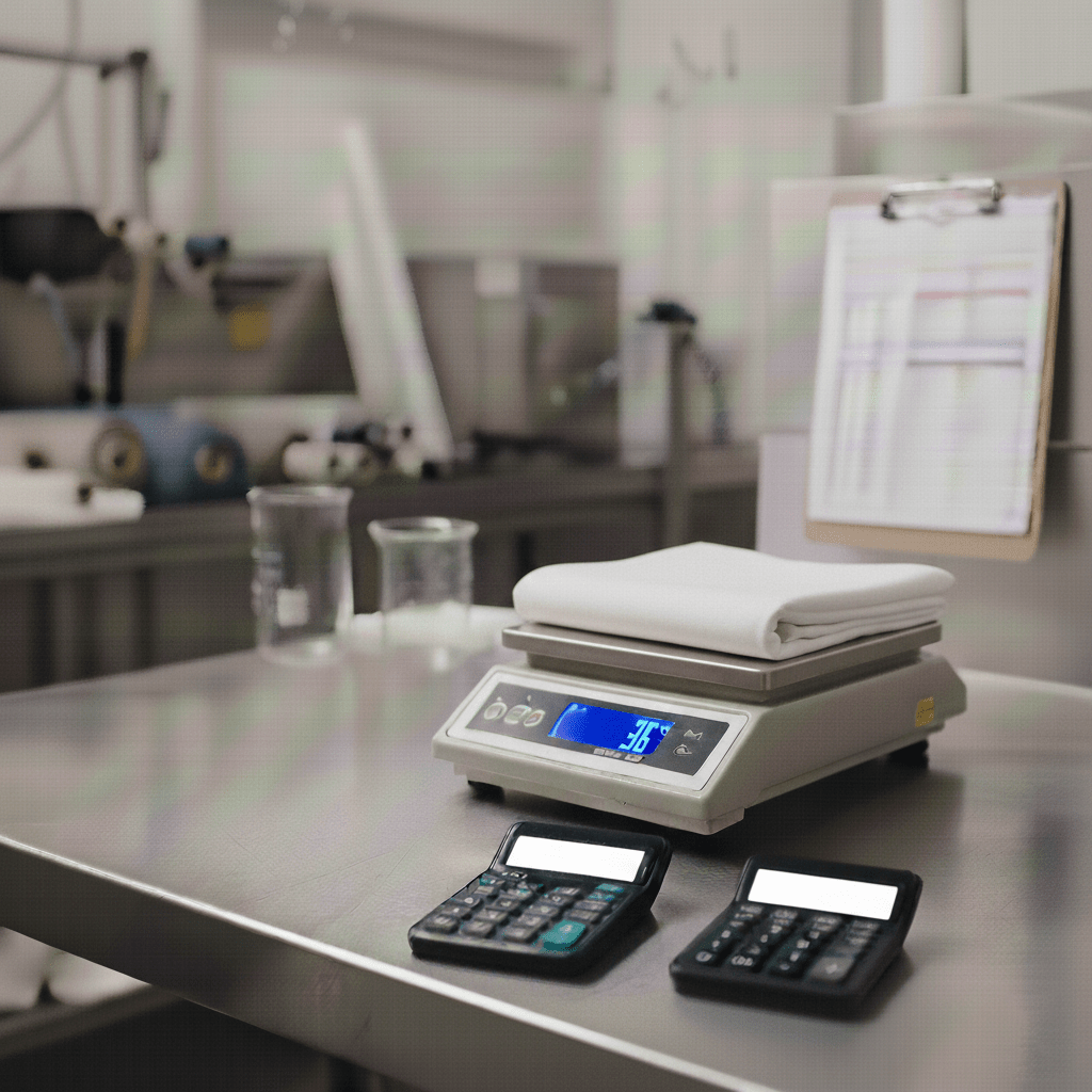 Image of a scientific scale with a folded piece of white fabric, representing the process of weighing material to calculate fabric density (ounces per square yard or grams per square meter).