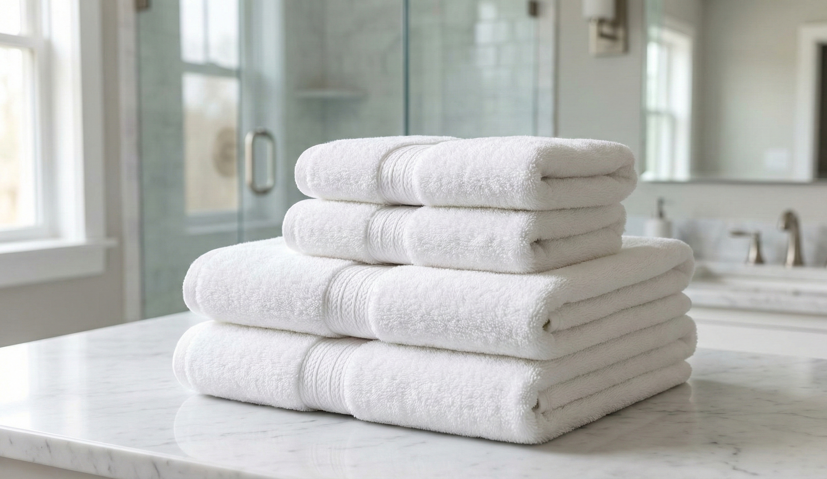 Elevate your guests' experience with our premium white towel collections. Featuring an elegant dobby border and a plush, absorbent terry weave, these towels offer a luxurious spa-like feel without compromising on commercial-grade durability. Perfect for upscale hotels, boutique bed and breakfasts, and premium vacation rentals, they provide the ultimate combination of sophisticated style and long-lasting performance through countless industrial wash cycles.