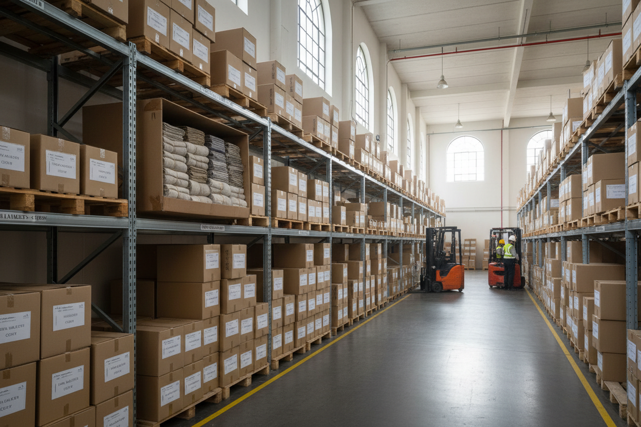 boxes in a warehouse with blankets