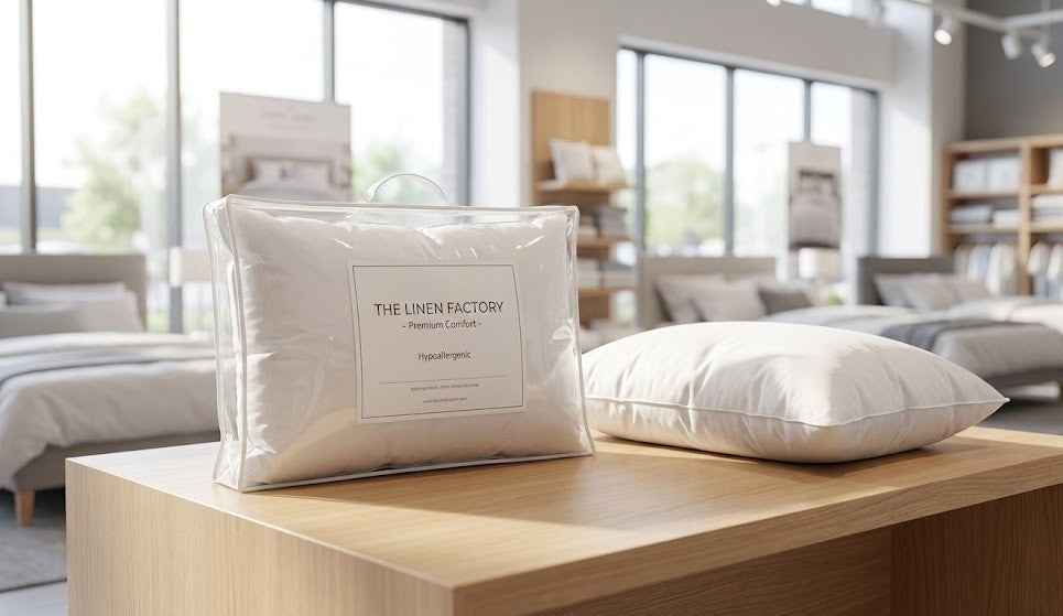 A branded The Linen Factory premium hypoallergenic sleeping pillow in clear retail packaging with a handle, displayed next to a plush white hotel pillow on a wooden table inside a bright commercial bedding wholesale showroom
